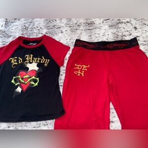 Ed Hardy Red and Black Heart Graphic Pajama Set